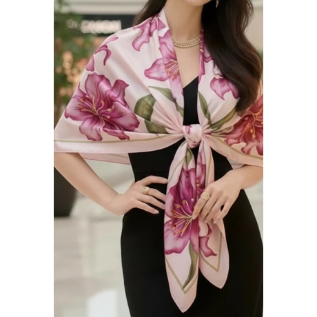 Damen Seidentuch Motiv Blumen, rosa-weiss.180x90 cm