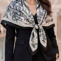 Damen Designertuch Seide, weiss-schwarz Blätter, 90x90