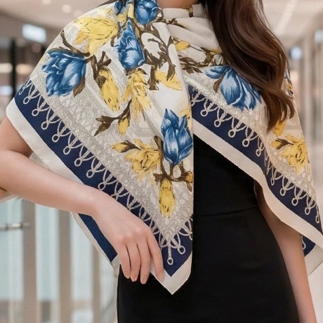 Damen Designertuch Seide, weiss-bunt, 90x90, neu