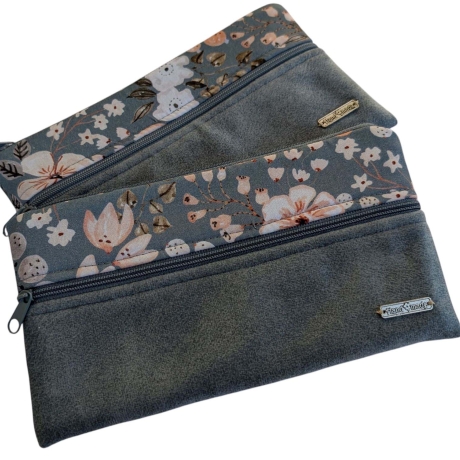 Federmäppchen mit 2 Reißverschlüssen gefüttert - Azurblau Blumen