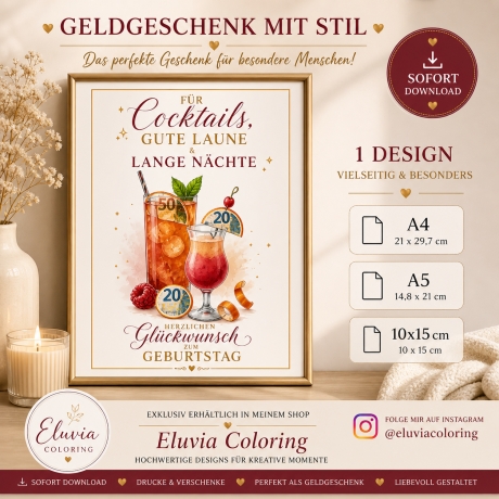 Geldgeschenk Geburtstag Vorlage Cocktail | Last Minute Geschenk