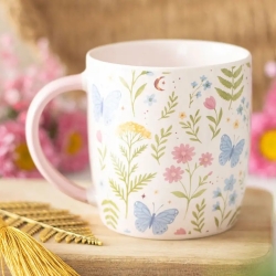 Keramik Henkel Tee Tasse / Kaffee Becher Blumen & Schmetterling