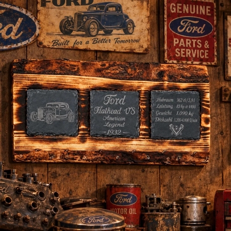 Holzschild aus Fichte mit 3 gravierten Schieferplatten-Ford 