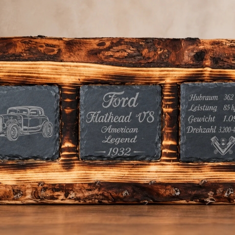 Holzschild aus Fichte mit 3 gravierten Schieferplatten-Ford 
