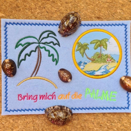 Stickdatei Palme 4x ITH Mugrug Schild mit Spruch und Blanko