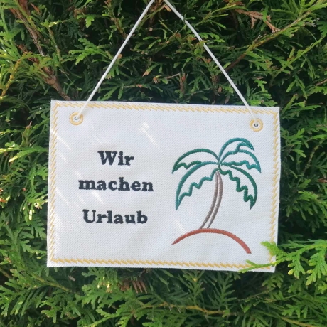 Stickdatei Palme 4x ITH Mugrug Schild mit Spruch und Blanko