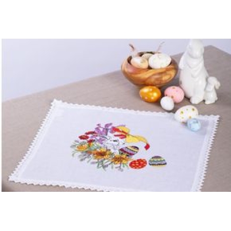 1 Deckchen, bunte Eier, handgestickt, 40x40 cm, HU 74