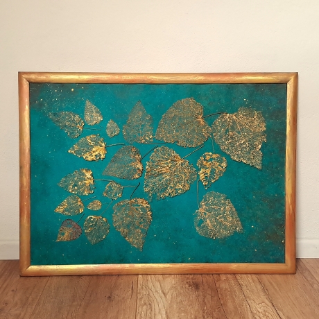 Bild skelettierte Blätter 75x55cm gold grün-blau