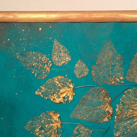 Bild skelettierte Blätter 75x55cm gold grün-blau
