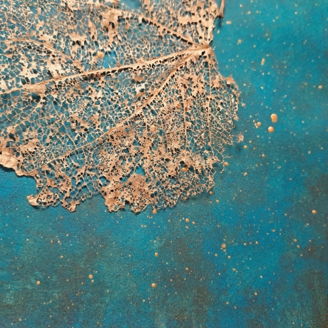 Bild skelettierte Blätter 75x55cm gold grün-blau