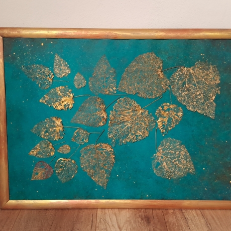 Bild skelettierte Blätter 75x55cm gold grün-blau