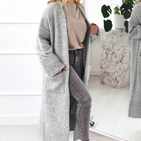 Langer oversize Strickmantel Strickjacke Cardigan Hellgrau  S-XL