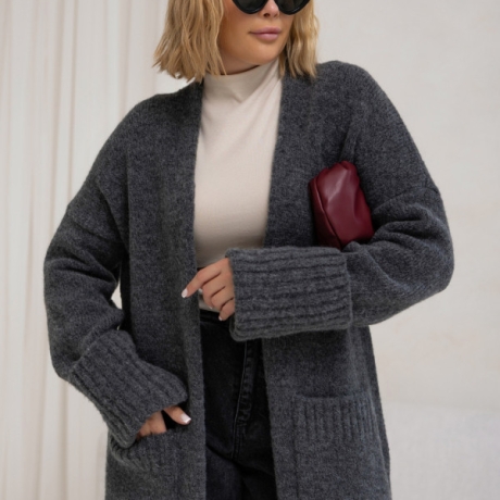 Oversize Strickmantel Strickjacke lang Cardigan Graphit Grau S-XL