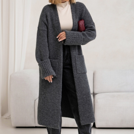 Oversize Strickmantel Strickjacke lang Cardigan Graphit Grau S-XL
