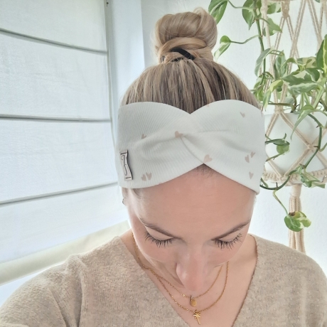 Haarband Stirnband Herzen Braun Weiß Handmade Limitiert
