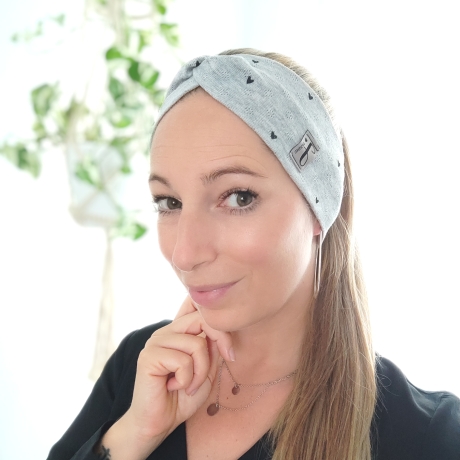Haarband Stirnband Hellgrau mit Herzen Handmade Limitiert
