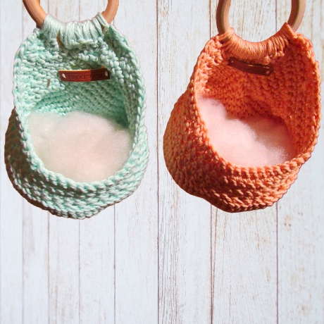 3 Hängekörbe Apricot, Mint & Pastellgelb - 100 % Baumwolle