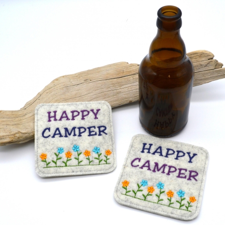Stickdatei Camper happy camper Mugrug Untersetzer