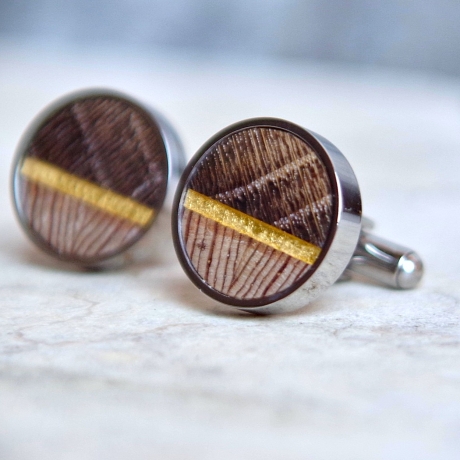 Manschettenknöpfe Holz – Eiche, Pitch Pine & Blattgold