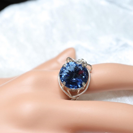 925er Ring gedrahtet mit Swarovski® Rivoli denim blue 14 mm