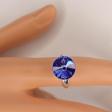 925er Ring größenverstellbar mit Swarovski® Rivoli 10mm sapphire