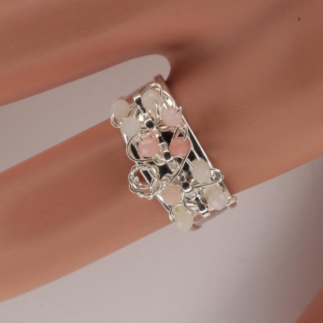 925er Ring mit facettierten Pink Opal Perlen, größenverstellbar