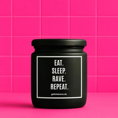 Duftkerze „EAT SLEEP RAVE REPEAT“ – Geschenk für Technofans