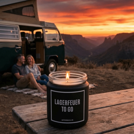 Duftkerze „Lagerfeuer to go“ – Campinggeschenk mit Spruch