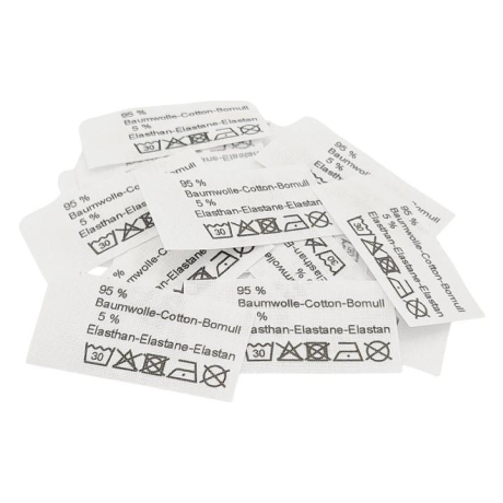 50 Textiletiketten 95% Baumwolle 5 Elasthan - in drei Sprachen -