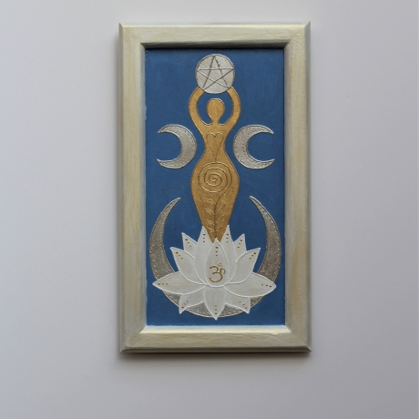 Mondgöttin Wand Deko in Blau mit Blattgold, Mond Göttin Wandbild 