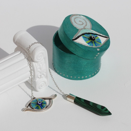 Malachit Pendel mit Talisman Mati Auge, Orakel Set Grün Blau