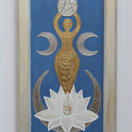 Mondgöttin Wand Deko in Blau mit Blattgold, Mond Göttin Wandbild 