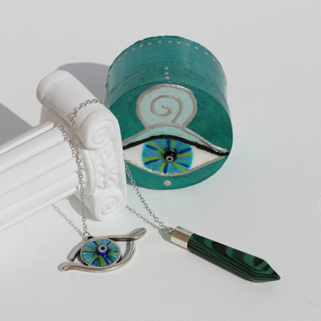 Malachit Pendel mit Talisman Mati Auge, Orakel Set Grün Blau