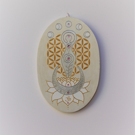 Mondgöttin Wand Deko beige mit Lotus, Mond Zyklus, Lebensblume