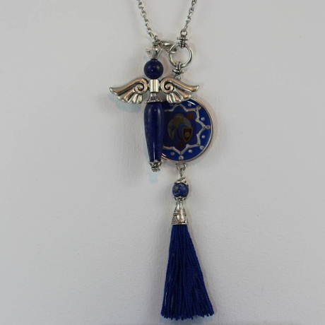 Lapislazuli Engel Pendel Kette mit Erzengel Michael und Quaste