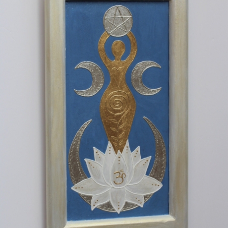 Mondgöttin Wand Deko in Blau mit Blattgold, Mond Göttin Wandbild 