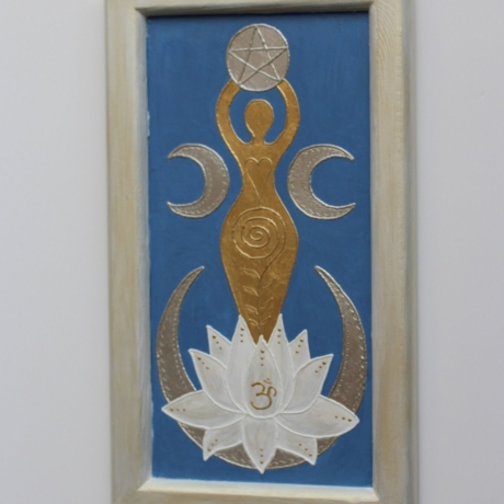 Mondgöttin Wand Deko in Blau mit Blattgold, Mond Göttin Wandbild 