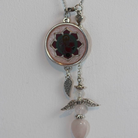 Rosenquarz Engel Pendel Halskette mit Erzengel Chamuel in Rosa