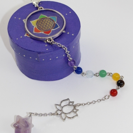 Amethyst Merkaba Pendel Armband mit Lebensblume in Chakra Farben