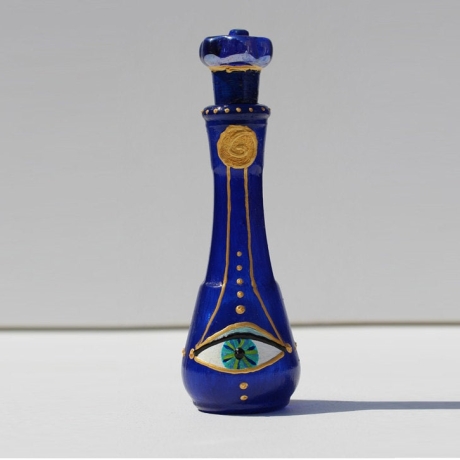 Kleine Flasche Handbemalt mit Mati Glücksbringer Auge, blau gold