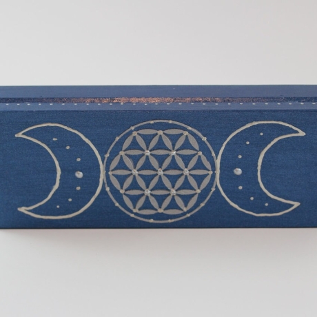 Holz Kästchen in Blau mit Triple Moon Mond und Blume des Lebens