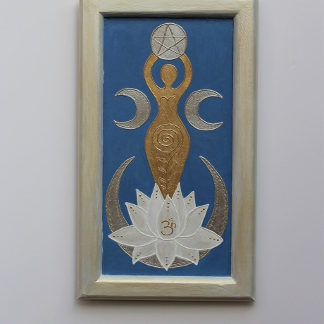 Mondgöttin Wand Deko in Blau mit Blattgold, Mond Göttin Wandbild 