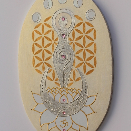 Mondgöttin Wand Deko beige mit Lotus, Mond Zyklus, Lebensblume