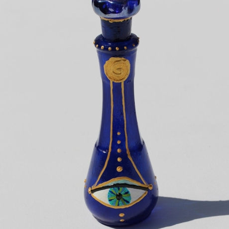 Kleine Flasche Handbemalt mit Mati Glücksbringer Auge, blau gold