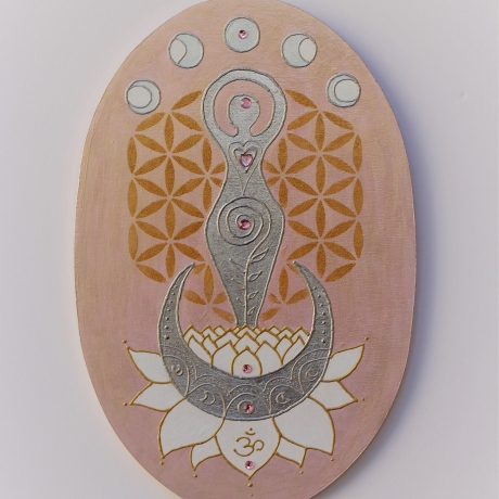 Mond Göttin in Lotus Wand Deko oval mit Blume des Lebens, rosa