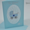 Gestickte Geburtskarte blau mit Kinderwagen in blau