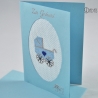 Gestickte Geburtskarte blau mit Kinderwagen in blau
