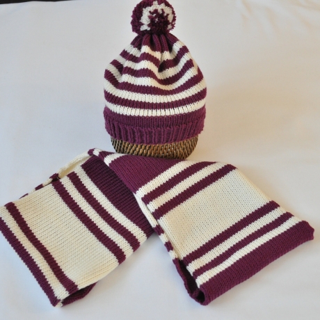 Mütze burgund-weiß Baby, Kind, gestrickt