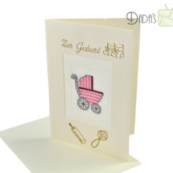 Gestickte Geburtskarte creme mit rosa Kinderwagen