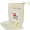 Gestickte Geburtskarte creme mit rosa Kinderwagen